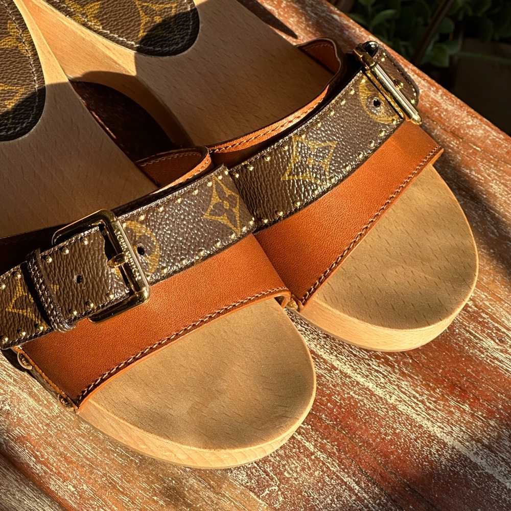 LOUIS VUITTON Brown Leather LV Monogram Cottage Mule Wood Clog Sandals 6.5 - Picture 13 of 17